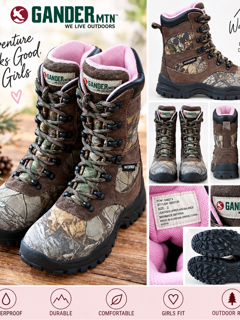 Women’s Waterproof Camo Brown Hiking Boots with Pink Lining 2